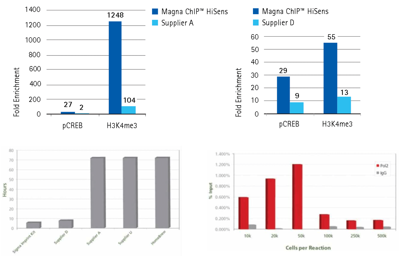 Our kits produce higher fold enrichment using low amounts of chromatin or shorter procedure than other supplier's kits. Our kits produce higher fold enrichment using low amounts of chromatin or shorter procedure than other supplier's kits