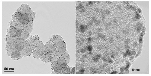 Representative TEM images of Pt/C catalysts (left) and Pt3Co/C catalysts (right) demonstrating highly dispersed nanoparticles on high-surface area carbon supports. Representative TEM images of Pt/C catalysts