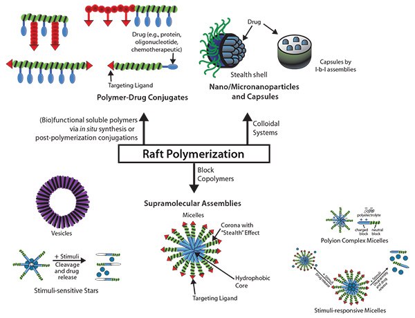 Examples of Controlled Drug Release Systems Generated by RAFT-Polymers: supramolecular assemblies including micelles, vesicles, and stars; Nanoparticles, microparticles, and capsules; and polymer-drug conjugates. Adapted from Liu, et al., Reference 1. Examples of Controlled Drug Release Systems Generated by RAFT-Polymers