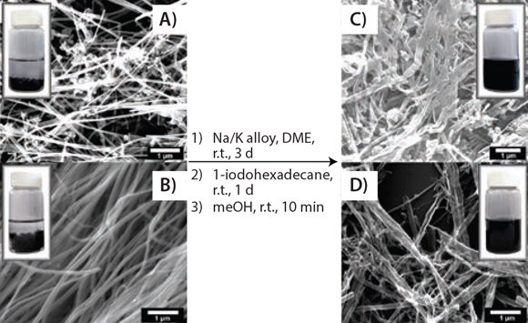 Solubility test. SEM images showing the splitting and functionalizing of commercially available MWCNTs and the photographic difference in solubility between functionalized GNRs and pristine MWCNTs: (A) and (B) two different types of pristine MWNTs and a 0.1 mg/mL suspension in chloroform; (C) and (D) hexadecylated (HD)-GNRs and a 0.1 mg/mL stable dispersion in chloroform. Reprinted with permission from ACS Nano, 2012, 6, 4231–4240. Copyright 2012 American Chemical Society. Solubility test. SEM images showing the splitting and functionalizing