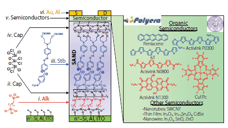 Left: Schematic representation of the components of a thin-film transistor (TFT) with the indicated the self-assembled nanodielectric (SAND) structure of Type III (right) on highly doped Si(100), Al, or ITO substrates/gate electrodes. Nanodielectric layers (5.5 nm thick for Type III SAND) are then sequentially deposited from solutions via layer-by-layer deposition of silane precursors Alk, Stb, or Cap (left), following the procedure from step i. to iv. The OTFT device is completed by deposition of the semiconductor (step v) and finally by the source-drain electrodes (step vi). Right: Chemical structure of some p- (blue) and n-type (red) organic semiconductors used with SANDs (some of them are commercially available at www.polyera.com) as well as a selection of other semiconductors employed to fabricate SAND-based TFTs. tft schematic represent
