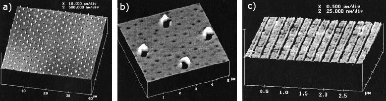 AFM images of <b>a)</b> 250nm punctures in ca. 100 nm thick film of fluoroalkyl-substituted HBFP; <b>b)</b> expelled material adjacent to punctures; <b>c)</b> imprint of 50–60 nm thick lines spaced 210 nm apart. Imprinting: Krchnavek, Dept. of Electrical Engineering, Washington University, St. Louis; AFM: Tomasz Kowalewski, Dept. of Chemistry, Carnegie Mellon University. Hyperbranched Polymers AFM Image
