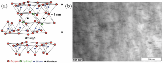 <b>(a)</b> Schematic of nm-thick montmorillonite clay aluminosilicate layers. <b>(b)</b> TEM micrograph of 2% Nanoclay, Nanomer® I.34TCN — Nylon 6 nanocomposite showing complete dispersion of clay layers into distinct plate-like nanoparticles. Nanoclay Schematic