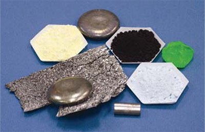 Rare earth metals (arc-melted buttons and a cast rod), oxides (powders), and fluorides (crystals). Source: Ames Laboratory. Rare Earth Metal