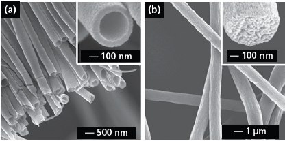 (a) SEM image of a uniaxially aligned array of TiO2 (anatase) nanotubes. Reprinted from Ref. 13 with permission from American Chemical Society. (b) SEM images of polystyrene porous fibers fabricated by electrospinning the jet into a liquid nitrogen bath, followed by drying in vacuo. Reprinted from Ref. 17 with permission from American Chemical Society. SEM image of a uniaxially aligned array