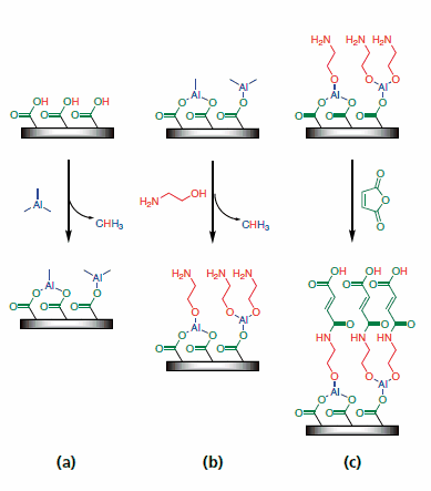 Illustration of the surface chemistry for the three-step ABC reaction involving (a) trimethylaluminum as a homotrifunctional reactant, (b) ethanolamine as a heterobifunctional reactant and (c) maleic anhydride as a ring-opening reactant. Illustration of the surface chemistry for the three-step ABC reaction