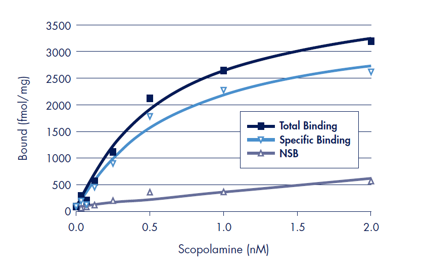 Saturation binding results of scopolamine binding experiments to the Human muscarinic M1 on polyethyleneimine (PEI) treated MultiScreenHTS 384-well FB filter plates. Non-specific binding was determined in a separate experiment in an excess of the unlabeled muscarininc receptor antagonist, pirenzipine (10 µM). Specific binding was calculated as non-specific binding subtracted from total activity. All data points are the average of triplicate assays. Saturation binding results of scopolamine binding experiments to the Human muscarinic M1 on polyethyleneimine (PEI) treated MultiScreenHTS 384-well FB filter plates