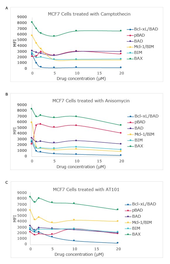 Graphs showing a drug dose-dependent study in MCF7 cell line using the MILLIPLEX® Bcl-2 Family Apoptosis Panel 1 (Cat. No. 48-682MAG) with varying concentrations of camptothecin, anisomycin, and AT101. Analytes and protein interactions measured include Bcl-xL/BAD, pBAD, BAD, MCL-1/BIM, BIM, and BAX.
