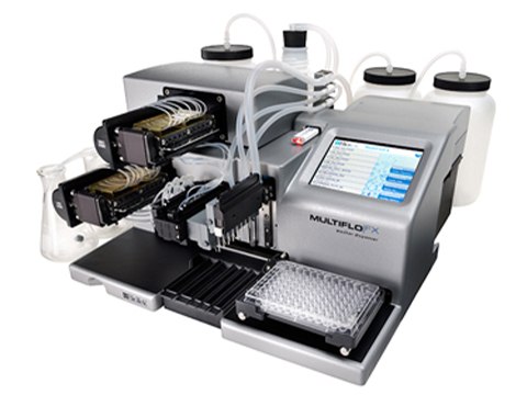 Image of the BioTek® Microplate MultiFlo™ FX Automated Washer (Cat. No. 40-099) which offers an automated multi-mode reagent dispenser for microplates and a color touchscreen user interface.