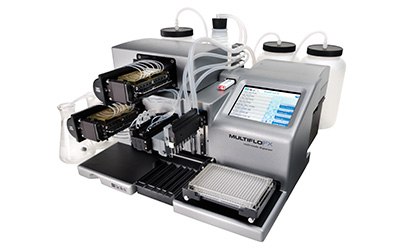 BioTek® MultiFlo™ FX Automated Reagent Dispenser Automated Reagent Dispenser optimized for both 384- and 96-well plates (Cat. No. 40-099).