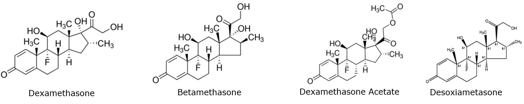 Dexamethasone, Betamethasone, Dexamethasone Acetate, Desoxiametasone chemical structure Dexamethasone, Betamethasone, Dexamethasone Acetate, Desoxiametasone chemical structure