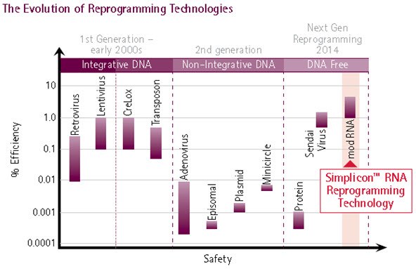 The evolution of reprogramming technologies has culminated in the development of synthetic RNA-mediated reprogramming (extreme right), representing the safest and most efficient method for iPS cell generation: Simplicon™ RNA Reprogramming Technology combines the efficiency of retroviral and lentiviral reprogramming technologies with the safety of non-viral based reprogramming methods. Evolution of Reprogramming Method