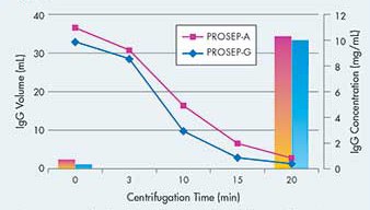 Concentration of rabbit IgG with Amicon Ultra-15 devices. The IgGs were purified using Montage PRSEP-A pr PROSEP-G Antibody Purification Kits. The lines show IgG volume reduction, while the bars show a proportional increase in IgG concentration after 20 min of centrifugation time.