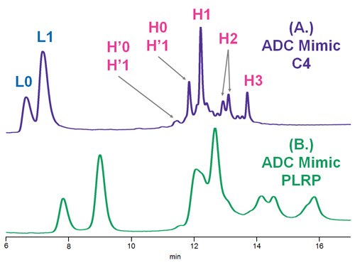 Comparison of C4 and PLRP columns using deglycosylated, reduced ADC Mimic, where L = light chain; H = heavy chain; H’ = oxidized heavy chain and the number represents the number of conjugations observed. MS confirmations of light and heavy chain species are shown in Figures 3 and 4. Comparison of C4 and PLRP columns using deglycosylated, reduced ADC Mimic