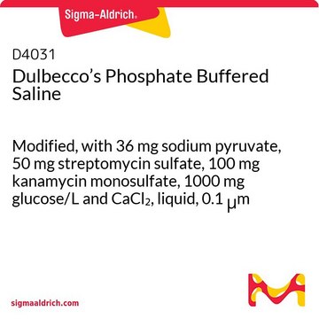Dulbecco’s Phosphate Buffered Saline Modified, with 36&nbsp;mg sodium pyruvate, 50&nbsp;mg streptomycin sulfate, 100&nbsp;mg kanamycin monosulfate, 1000&nbsp;mg glucose/L and CaCl2, liquid, 0.1 μm filtered, suitable for cell culture