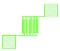 Back-gated OFET Interdigitated Substrate Au source/drain, 230 nm SiO2 gate-insulator, varied W/L from 500 to 4000, 16 transistors per chip, chips (diced)