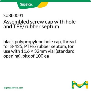 Assembled screw cap with hole and TFE/rubber septum black polypropylene hole cap, thread for 8-425, PTFE/rubber septum, for use with 11.6 × 32mm vial (standard opening), pkg of 100 ea