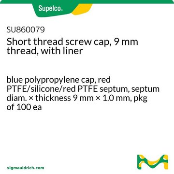 Short thread screw cap, 9 mm thread, with liner blue polypropylene cap, red PTFE/silicone/red PTFE septum, septum diam. × thickness 9 mm × 1.0 mm, pkg of 100 ea