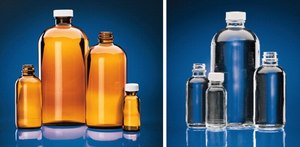 Wheaton narrow mouth bottles with caps capacity 1 oz (30 mL), amber, white polypropylene cap, PTFE flat liner