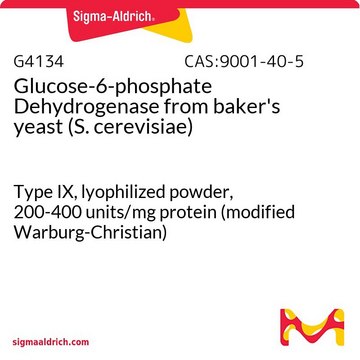 Glucose-6-phosphate Dehydrogenase from baker’s yeast (S. cerevisiae) Type IX, lyophilized powder, 200-400 units/mg protein (modified Warburg-Christian)
