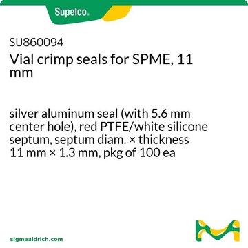 Vial crimp seals for SPME, 11 mm silver aluminum seal (with 5.6 mm center hole), red PTFE/white silicone septum, septum diam. × thickness 11 mm × 1.3 mm, pkg of 100 ea