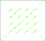 Back-gated OFET Interdigitated Substrate Au source/drain, 230 nm SiO2 gate-insulator, varied W/L from 500 to 4000, 16 transistors per chip, chips (diced)